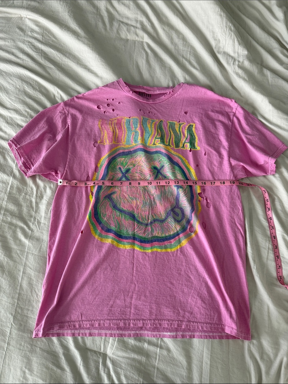 NIRVANA Pink Distressed Smiley Graphic Tee